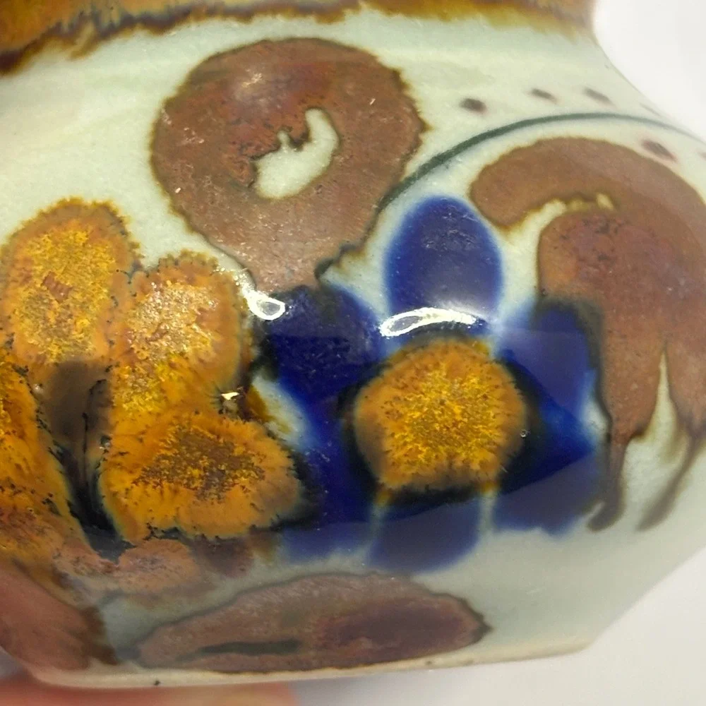 Vintage Mexico Studio Pottery Bud Vase Hand Painted Floral Stoneware Mini 2 Inch